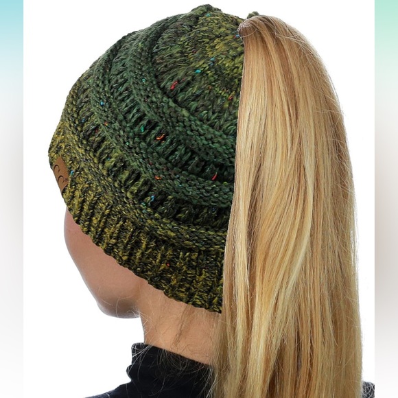 C.C MESSY BUN BEANIE TAIL SOFT STRETCH EXC.-🎉DENIM🩵~or~🎉OMBRE🫒,OS,BNWTIB/WOT - Picture 6 of 14